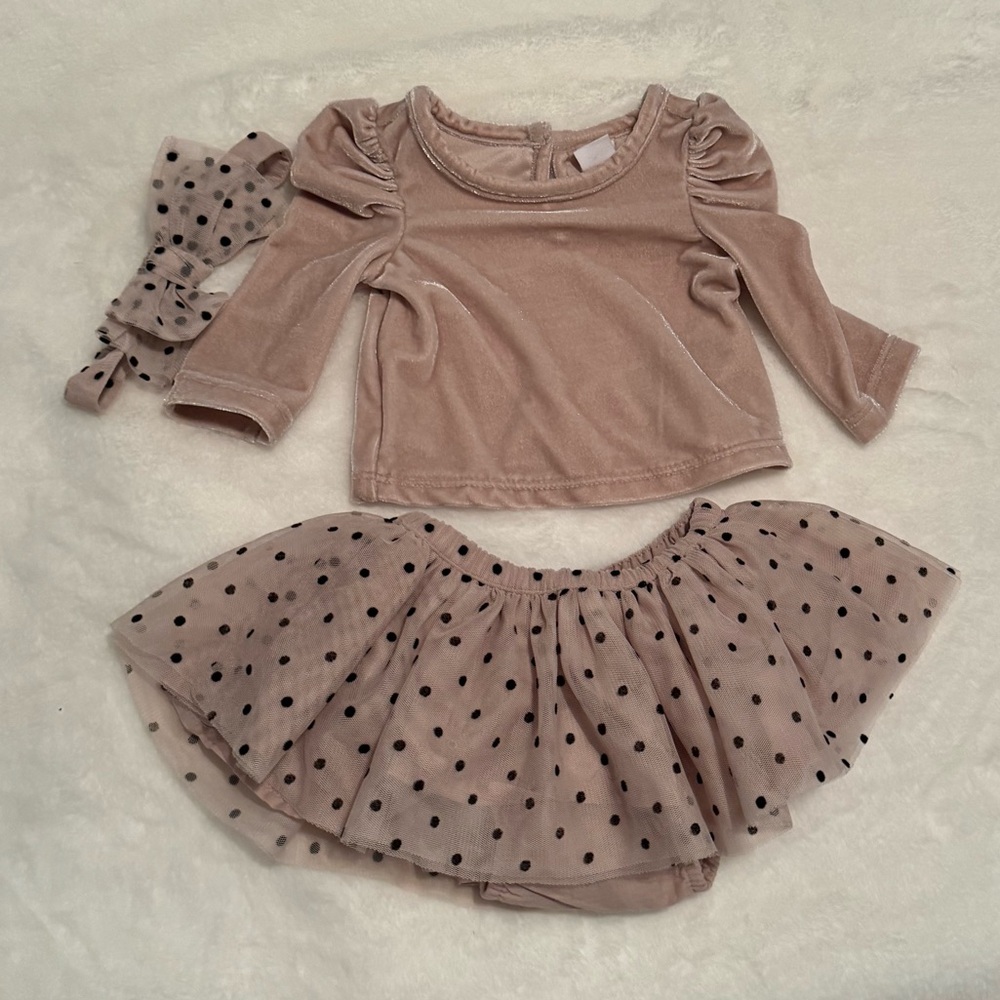 Gap Puff Sleeve Velvet Shirt and Tulle Skirt Set with headband 3-6 months